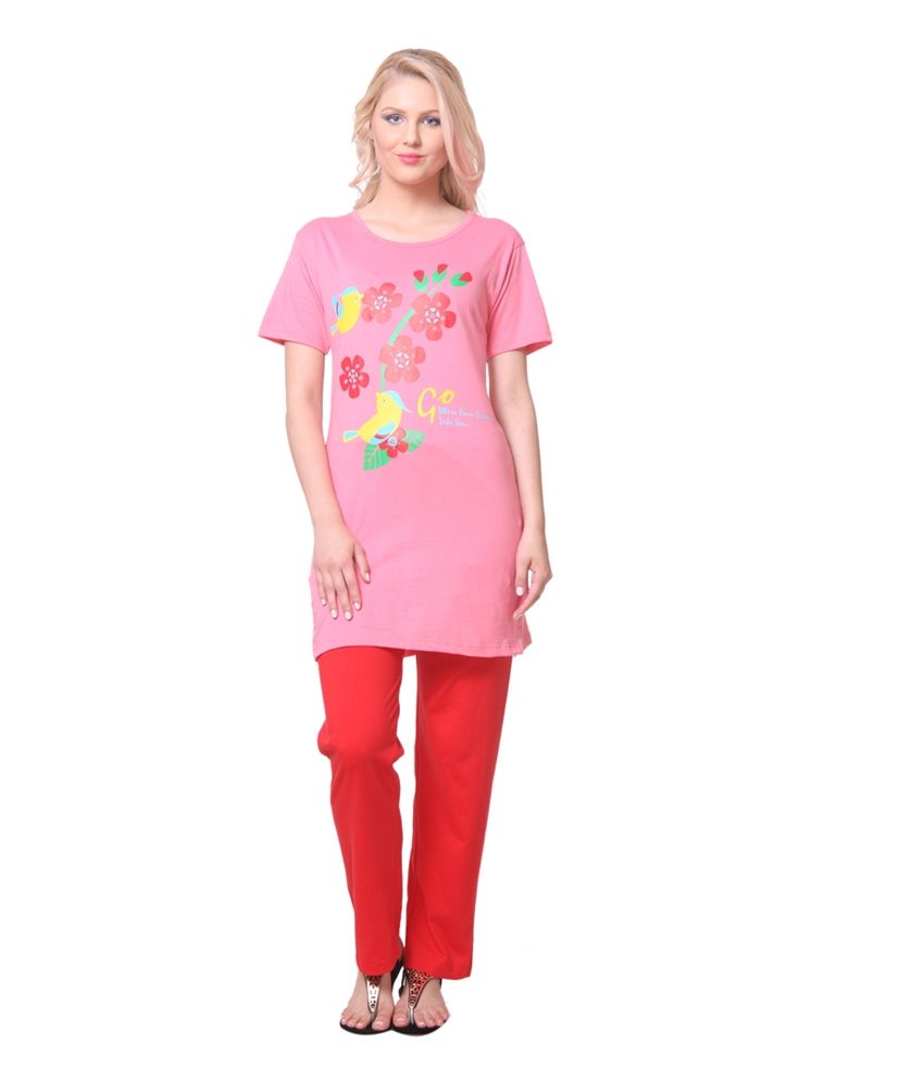     			Wako Pink And Red Cotton Nightsuit Sets