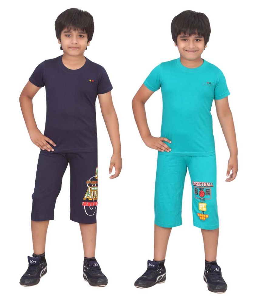     			Dongli Multicolour Cotton T-Shirt and Three Fourth for Boys - Pack of 2