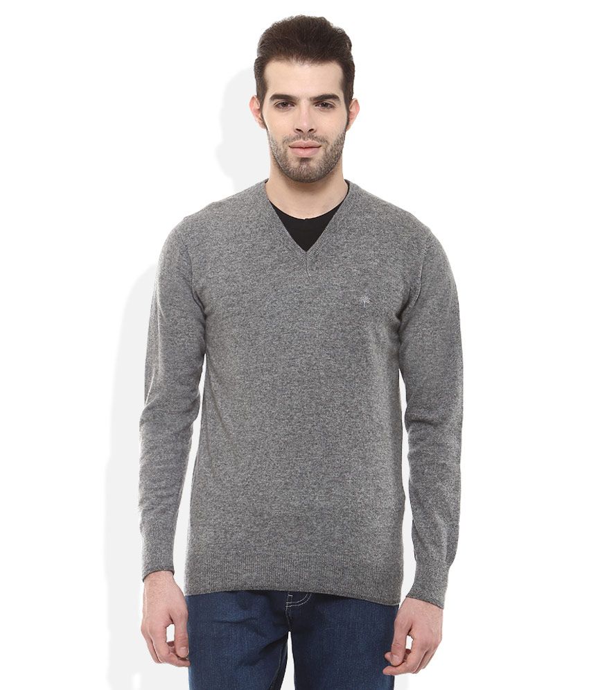 Woodland Grey V-Neck Solids Sweaters 