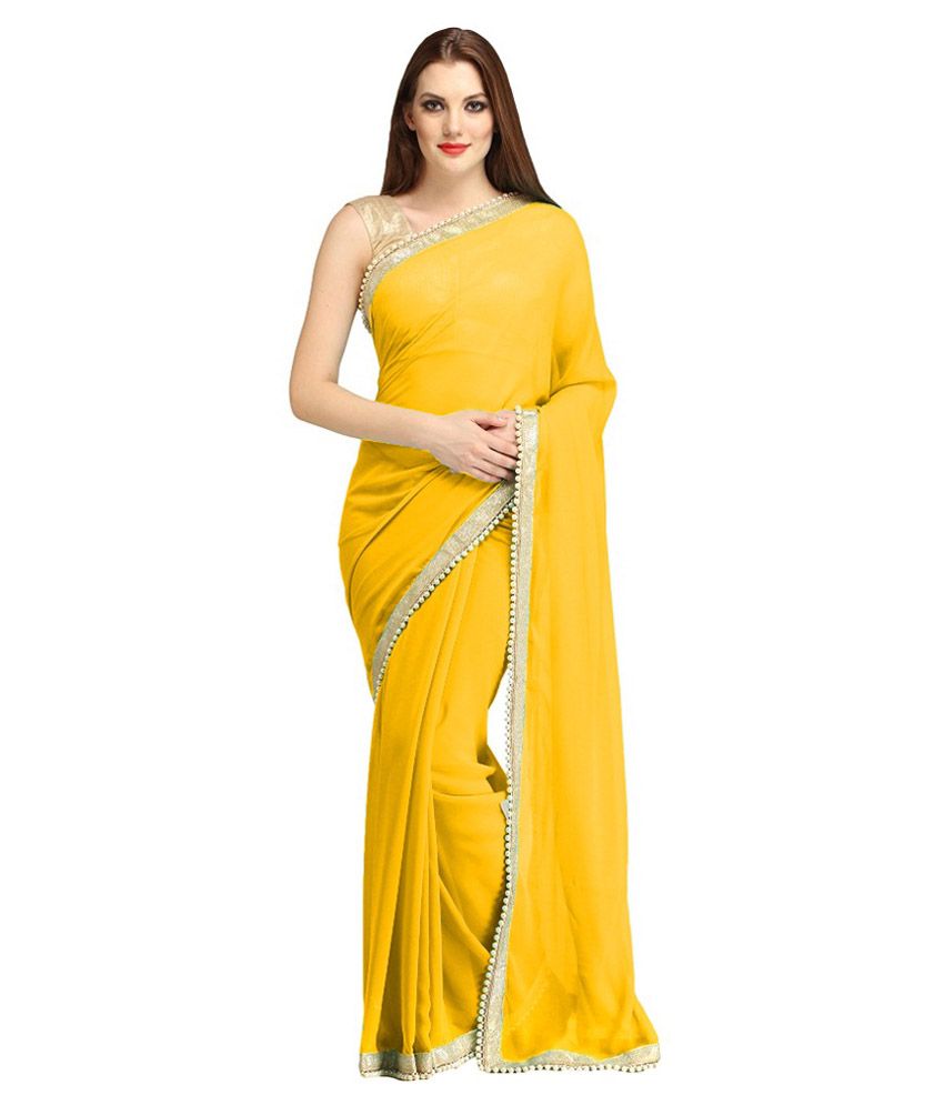 plain yellow chiffon saree