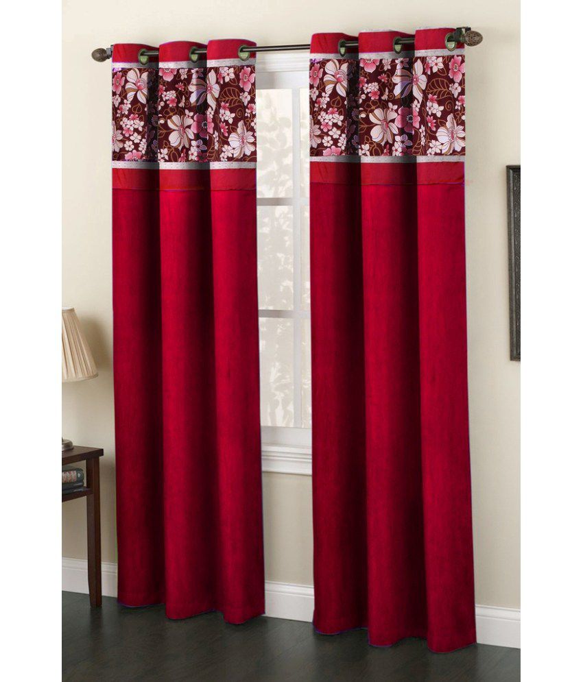     			Homefab India Plain Semi-Transparent Eyelet Long Door Curtain 9ft (Pack of 2) - Red