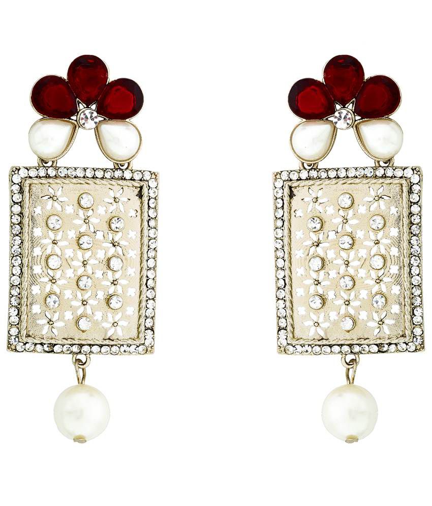     			The Jewelbox Designer American Diamond Ruby Red Pearl Rhodium Long Earring for Women