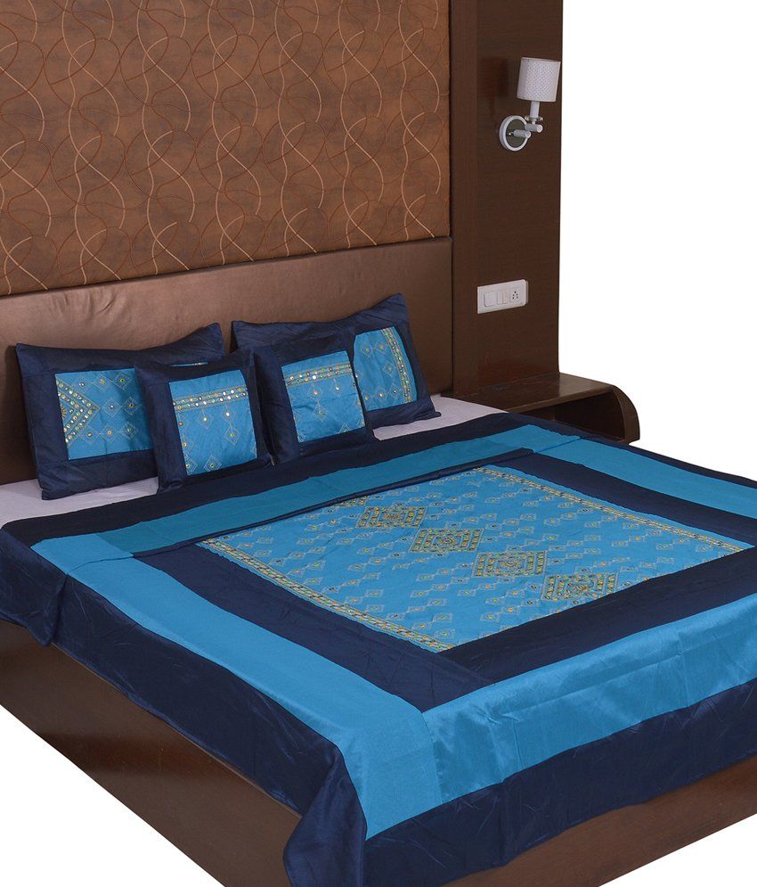 Rajasthani Sarees Blue Silk Bed Cover Buy Rajasthani Sarees Blue Silk