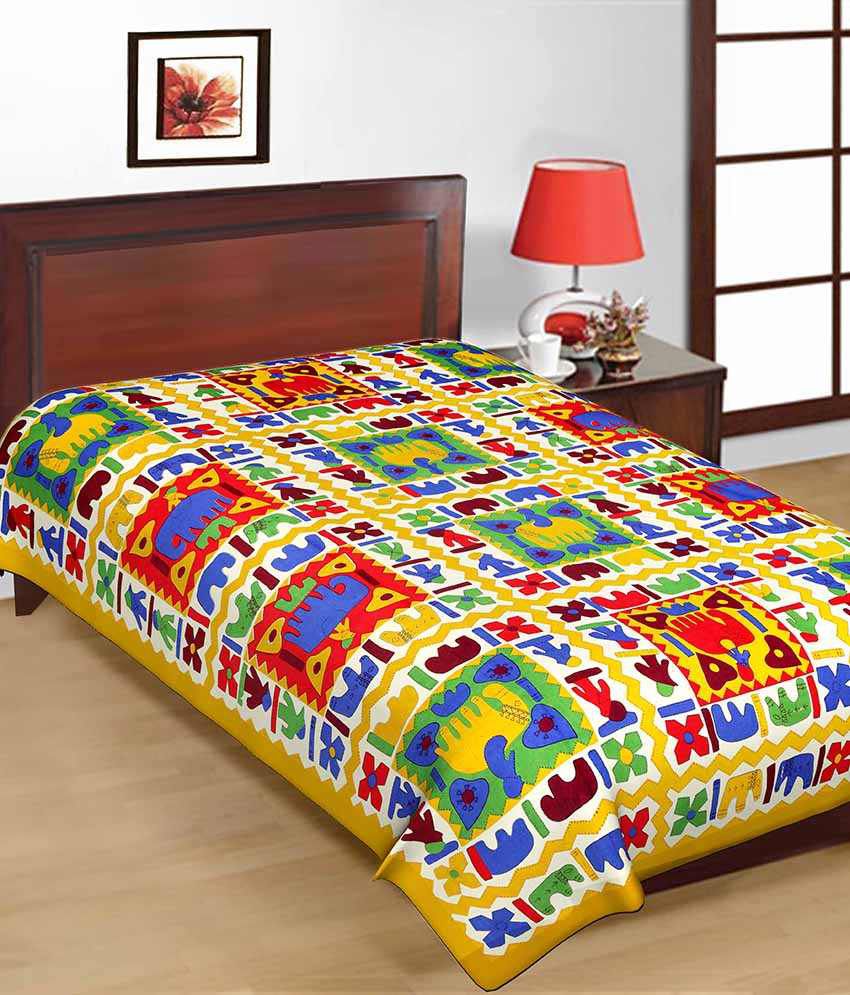     			UniqChoice 100% Yellow Cotton Jaipuri Traditonal Single Bed Sheet