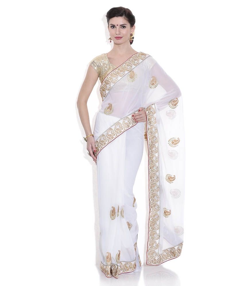 White saree with golden blouse clearance