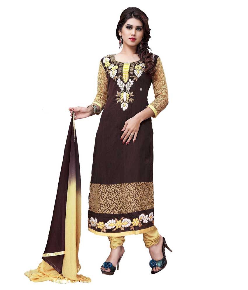 Madhav Brown Cotton Semi Stitched Dress Material - Buy Madhav Brown ...