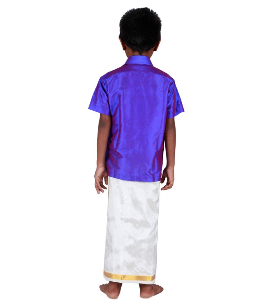 blue shirt and dhoti