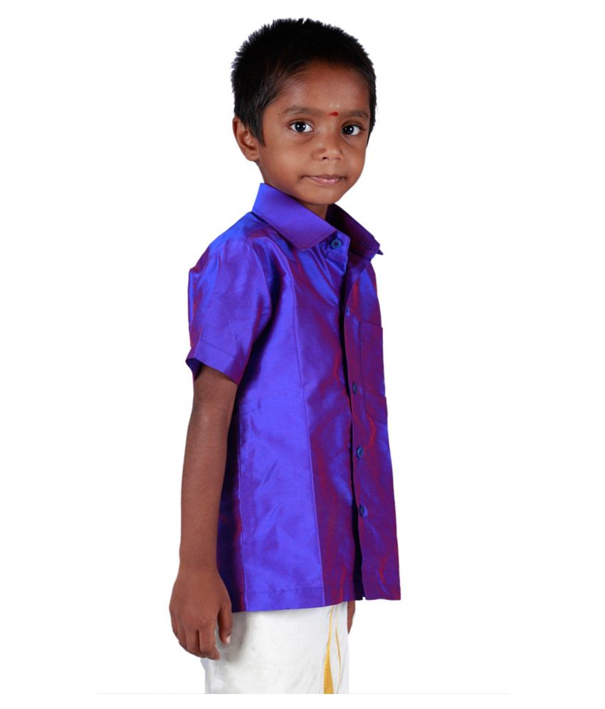 blue shirt and dhoti