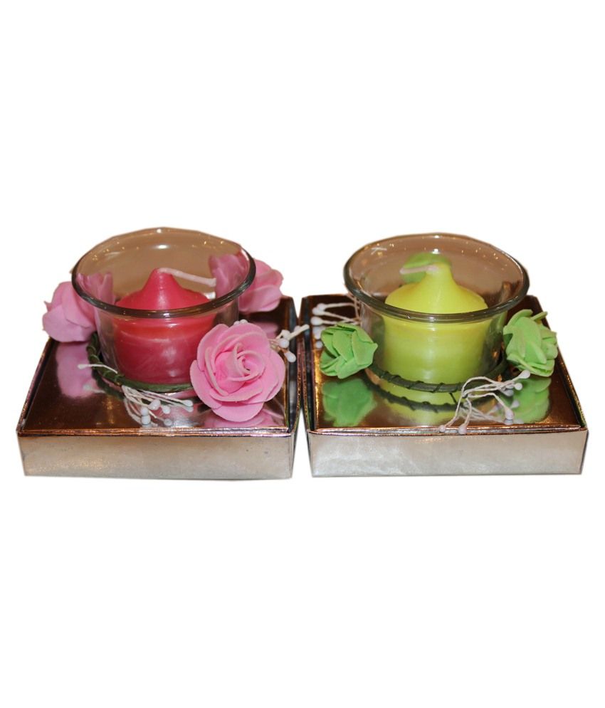 Fragrance Concoction Pink & Green Candle With Cup Pack Of 2