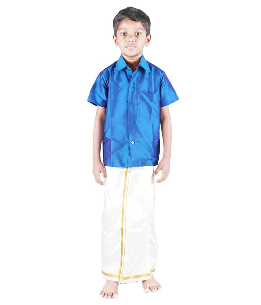 blue shirt and dhoti