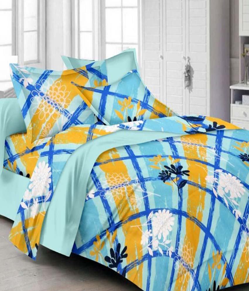 Ahmedabad Cotton Blue Floral Cotton Double Bedsheet With 2 Pillow