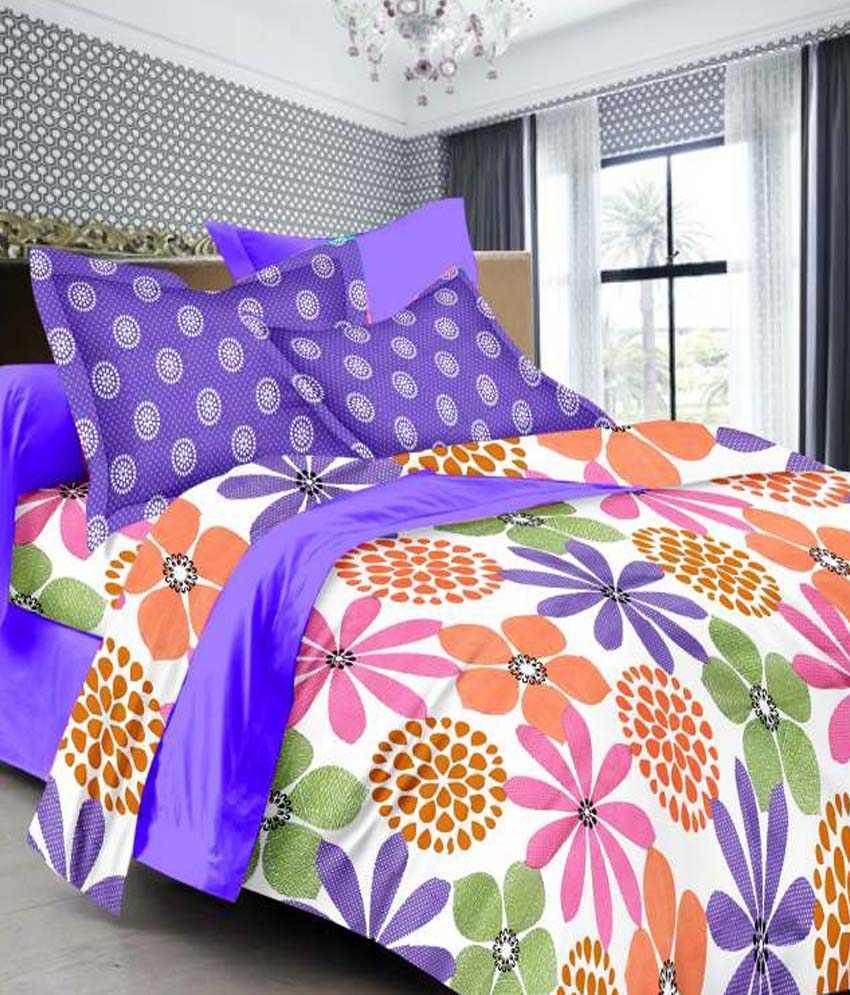 Ahmedabad Cotton Purple Floral Cotton Double Bedsheet With 2 Pillow