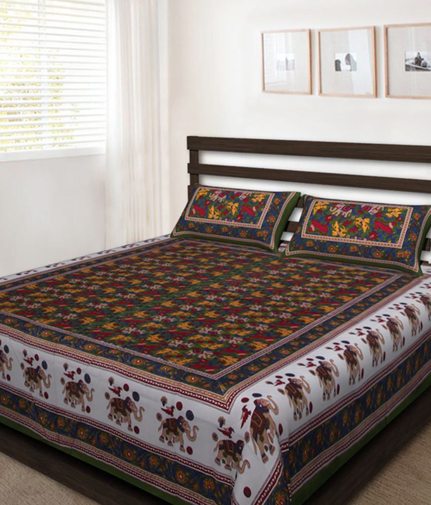     			UniqChoice Rajasthani 100% Cotton Jaipuri Floral King Size 1 Double Bedsheet With 2 Pillow Cover