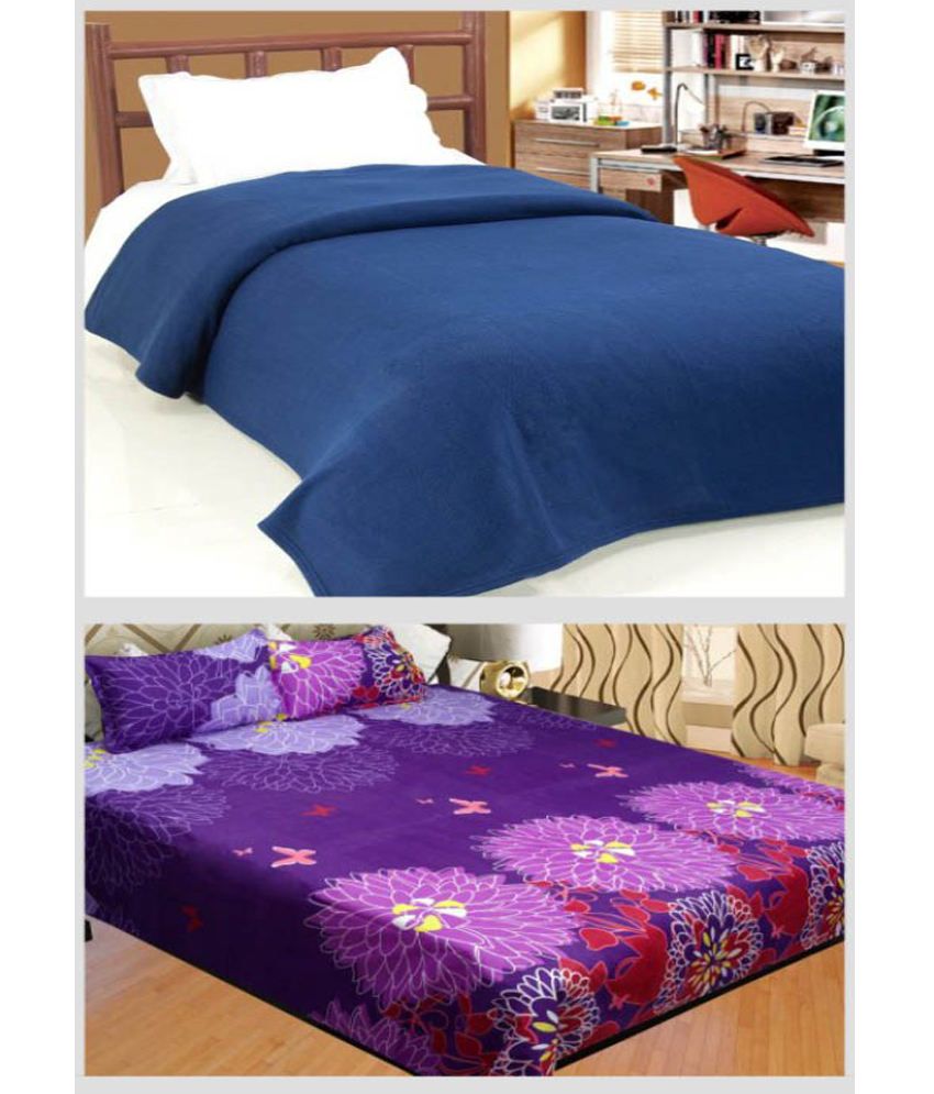 Surhome Multicolour Combo Of Fleece Blanket And Double Bed Sheet With 2
