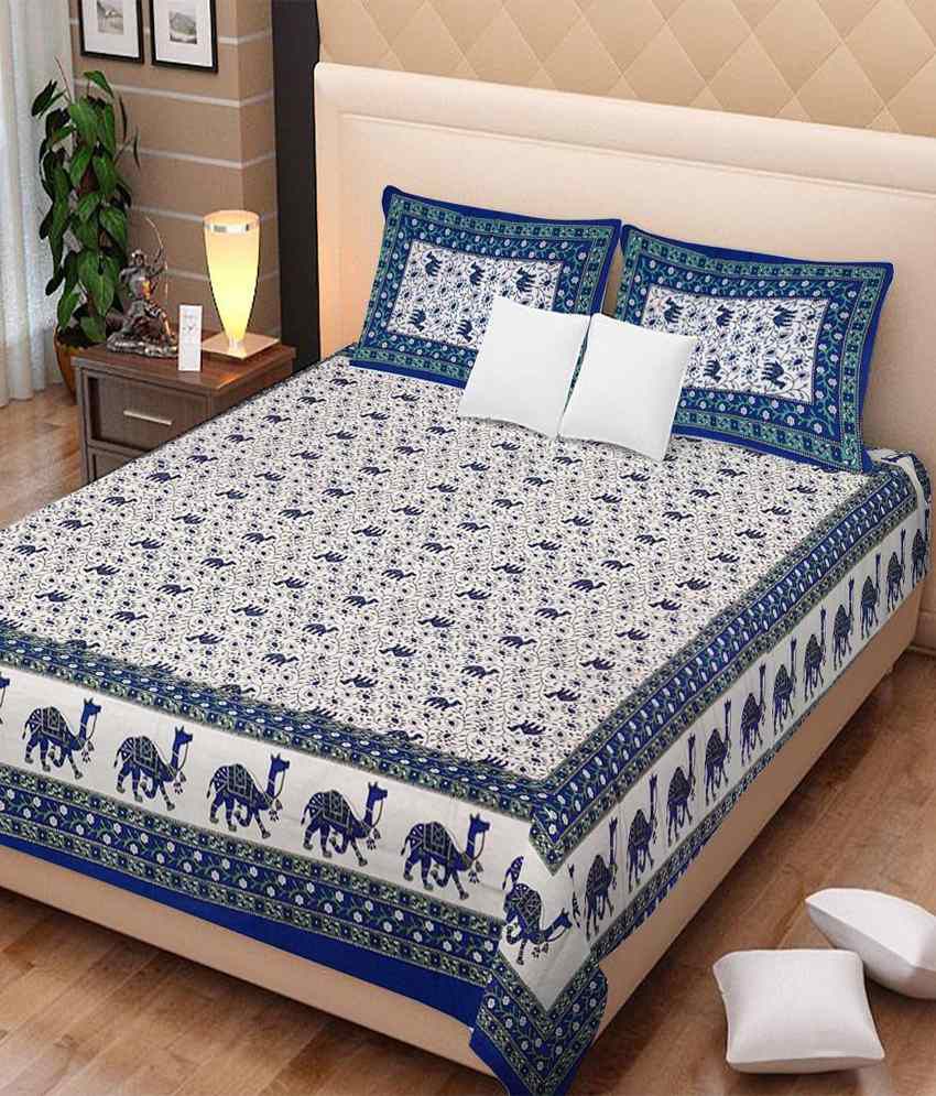     			Uniqchoice White And Blue Cotton Printed Double Bedsheet With Two Pillow Covers