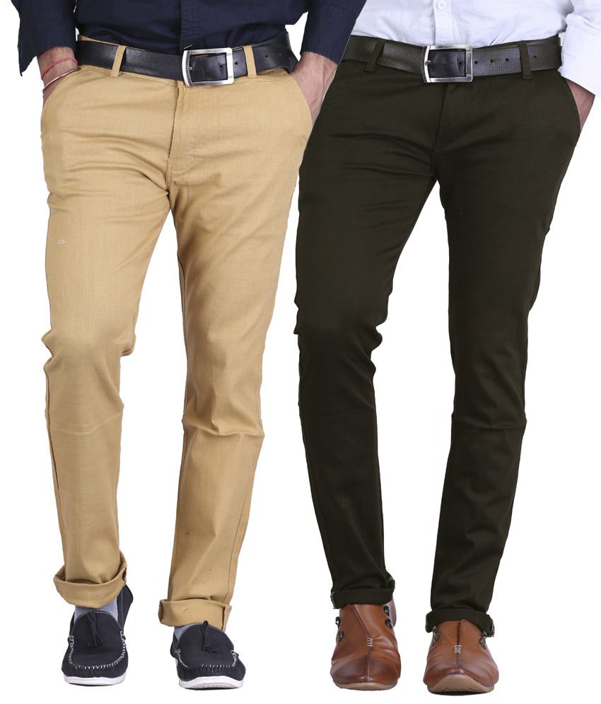 Ave Light Brown & Chocolate Brown Slim Fit Formal Chinos Trousers ...