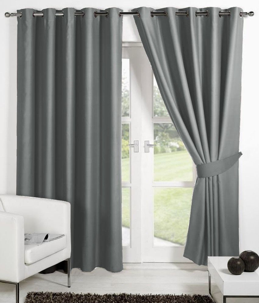     			Panipat Textile Hub Solid Semi-Transparent Eyelet Door Curtain 7 ft Pack of 2 -Gray