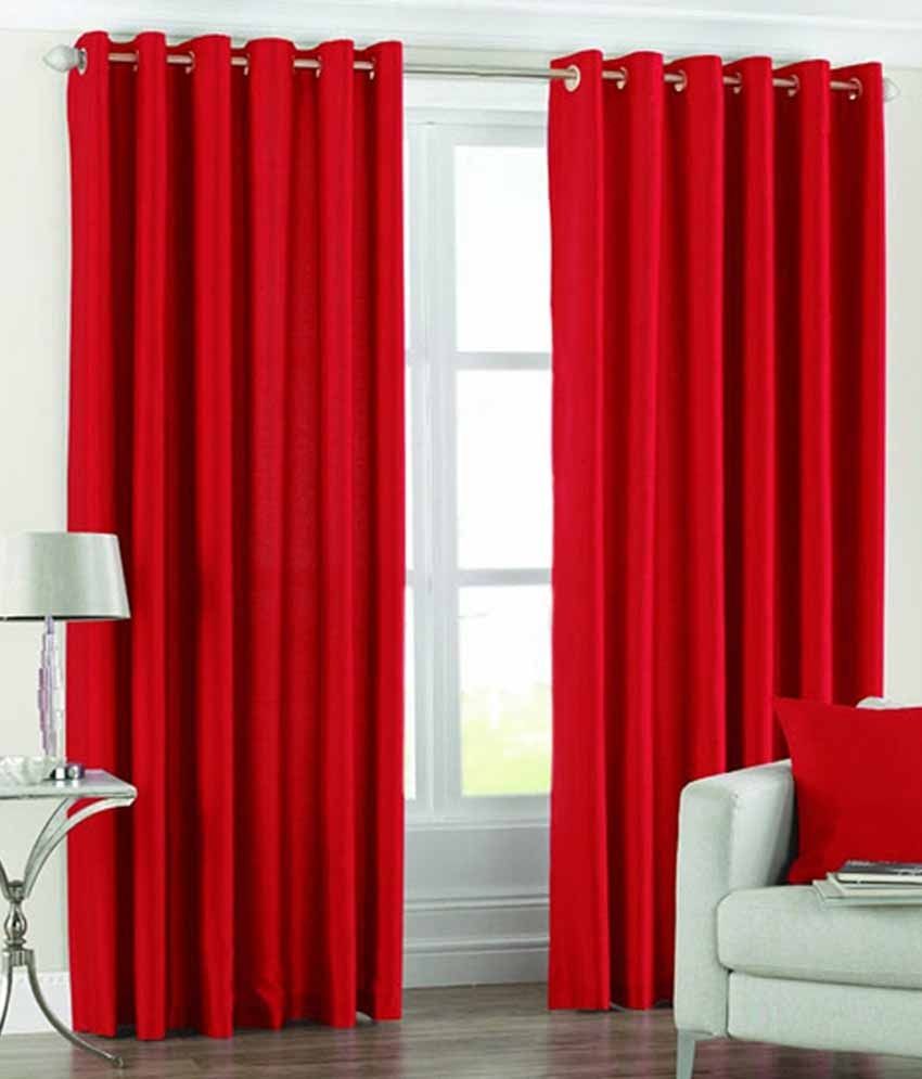     			Panipat Textile Hub Solid Semi-Transparent Eyelet Door Curtain 7 ft Pack of 2 -Red