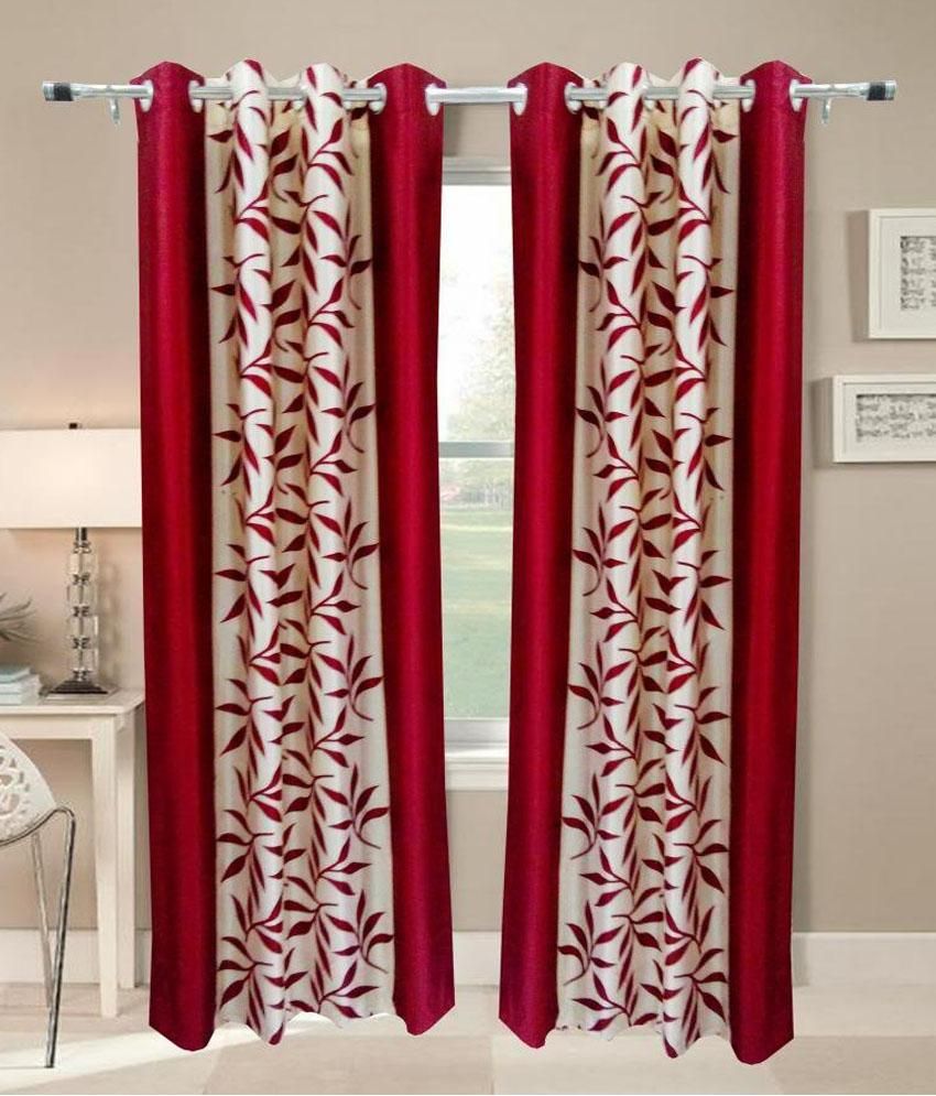     			Panipat Textile Hub Floral Semi-Transparent Eyelet Door Curtain 7 ft Pack of 2 -Red