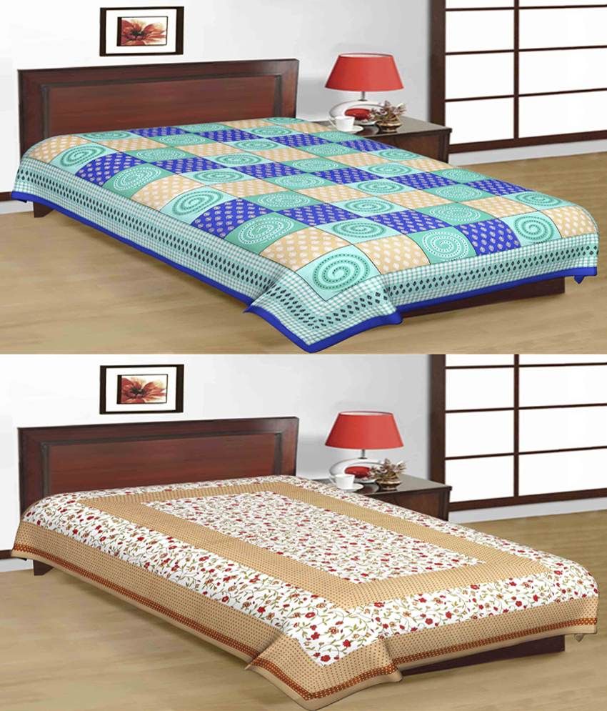     			UniqChoice 100% Cotton Jaipuri & Sanganeri Tradititional 2 Single Bed Sheet Combo