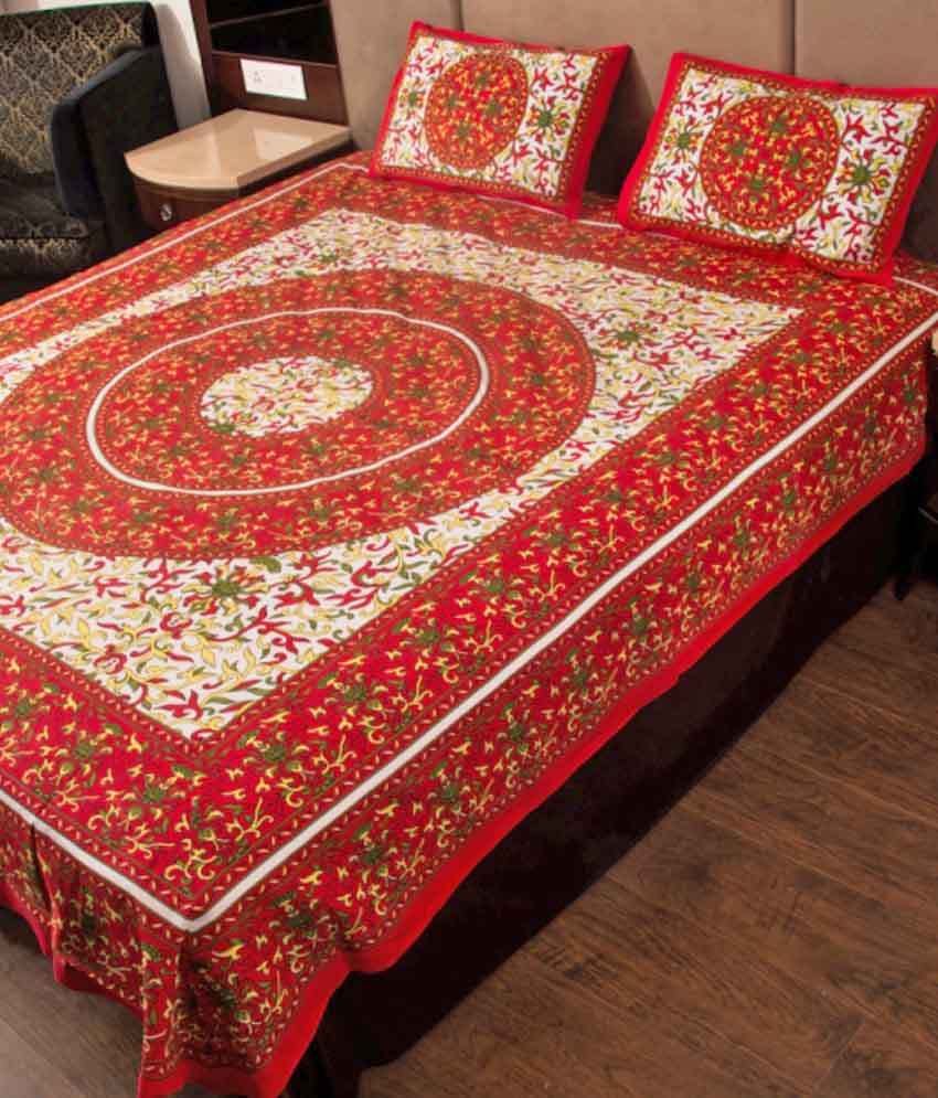 Rajasthani Bedsheet Red Floral Cotton Bedsheet With 2 Pillow Covers