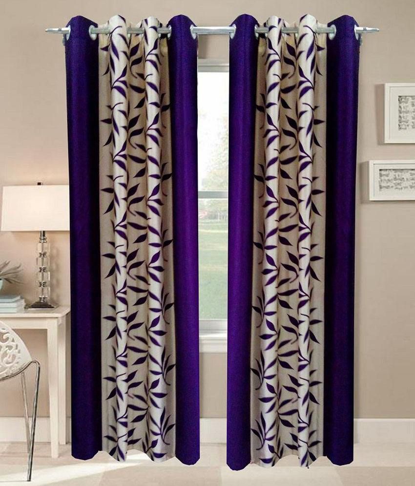     			Panipat Textile Hub Floral Semi-Transparent Eyelet Door Curtain 7 ft Pack of 2 -Purple