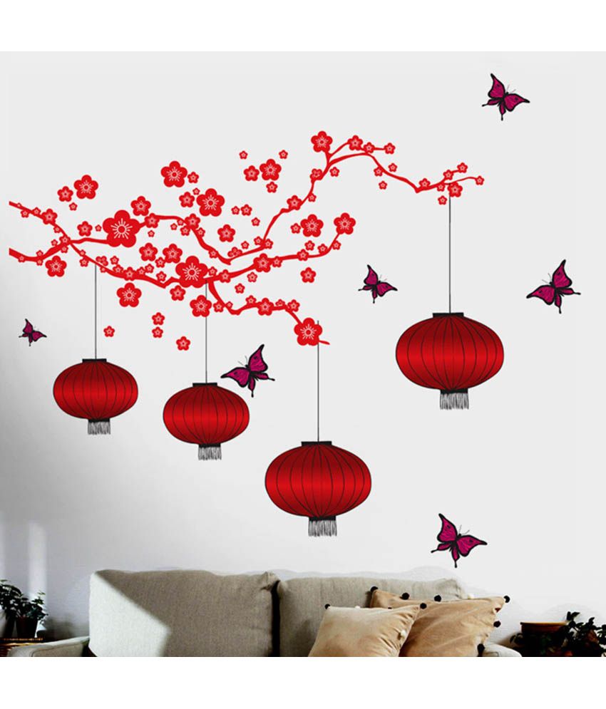 Stickerskart Romantic Chinese Lamps In Red For Living Room Decor Double Sheet Wall Sticker
