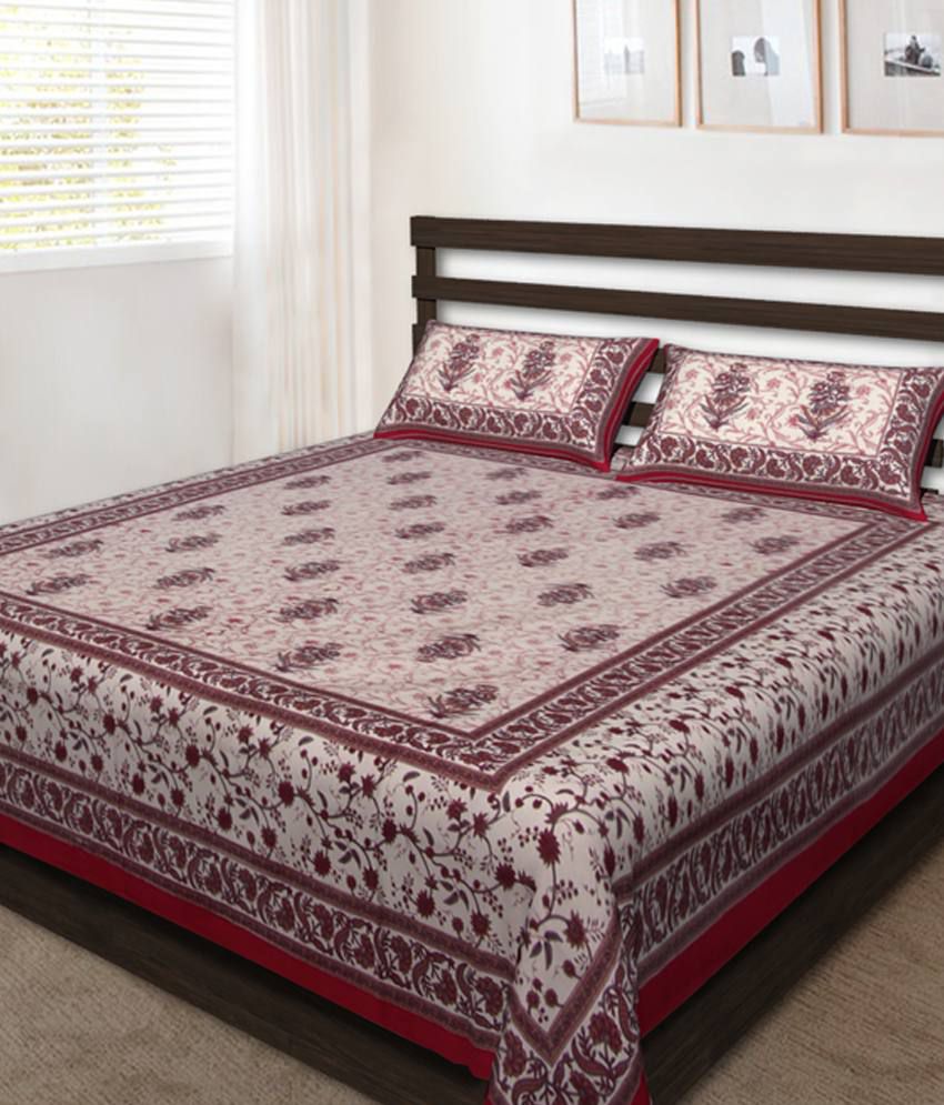     			Uniqchoice White And Red Printed Cotton Double Bedsheet With Two Pillow Covers