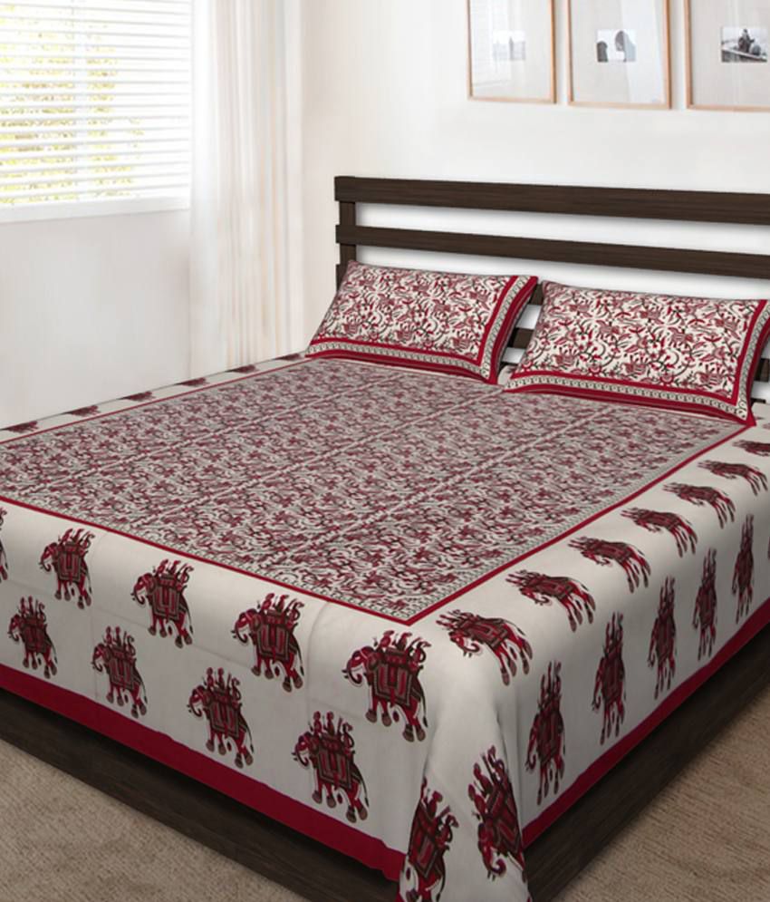     			Uniqchoice White And Red Printed Cotton Double Bedsheet With Two Pillow Covers