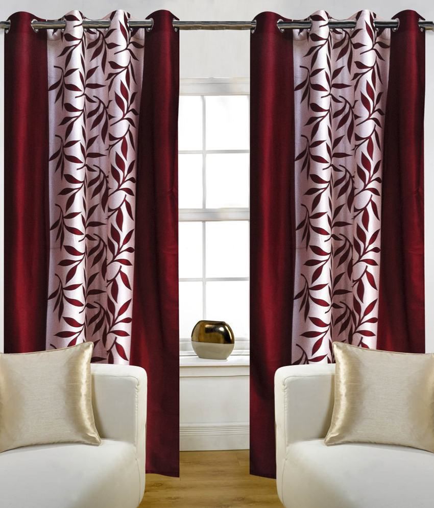     			Panipat Textile Hub Printed Semi-Transparent Eyelet Door Curtain 7 ft Pack of 2 -Red