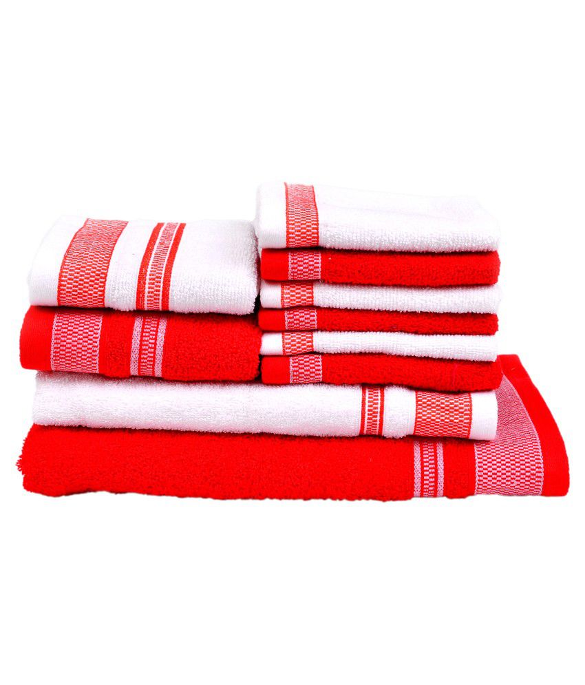     			Vintana White And Red Cotton Bath Towel - Set Of 10