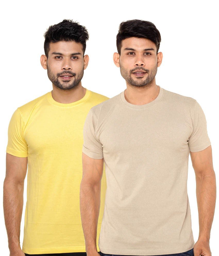     			Fleximaa Pack Of 2 Yellow & Beige Cotton T Shirts