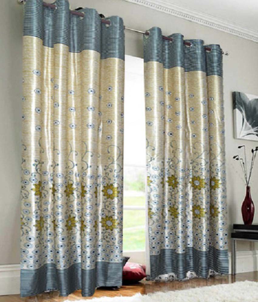     			Panipat Textile Hub Floral Semi-Transparent Eyelet Door Curtain 7 ft Pack of 8 -Blue