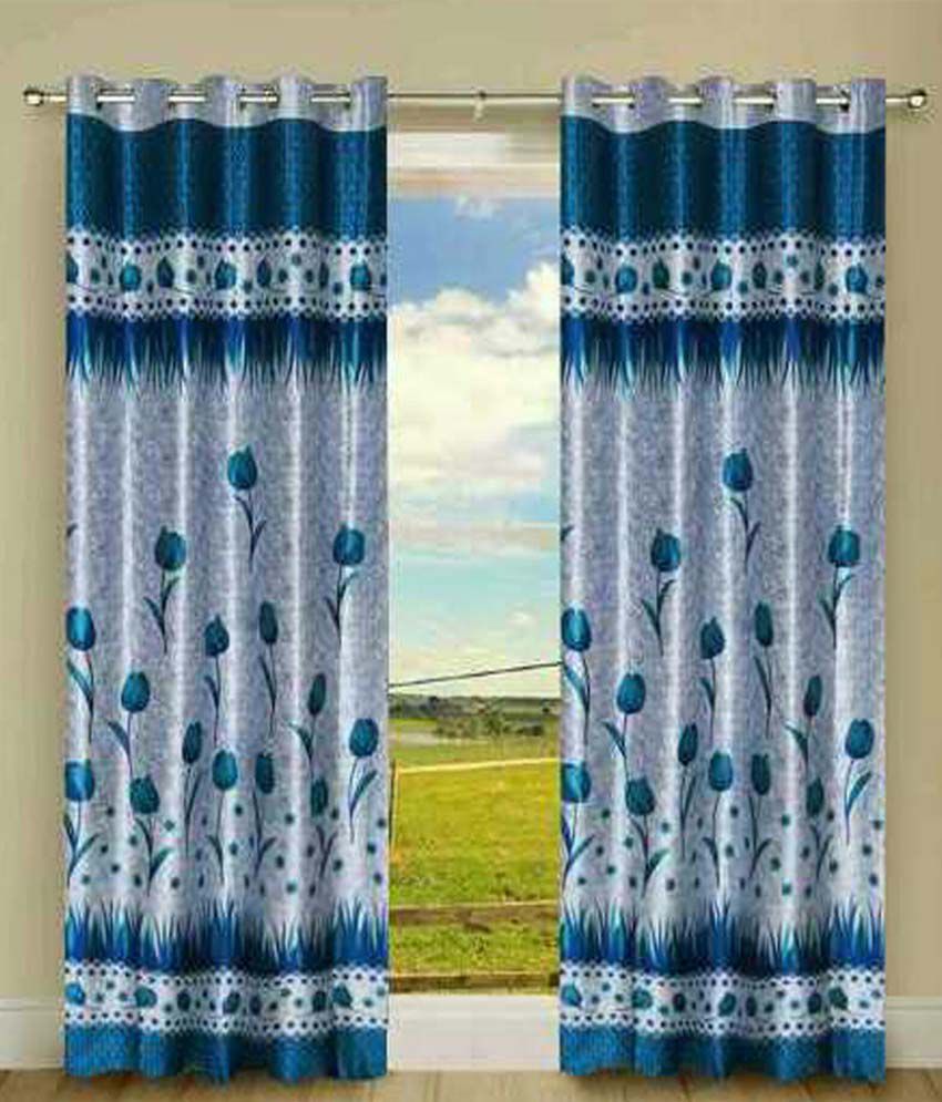     			Panipat Textile Hub Floral Semi-Transparent Eyelet Door Curtain 7 ft Pack of 8 -Blue