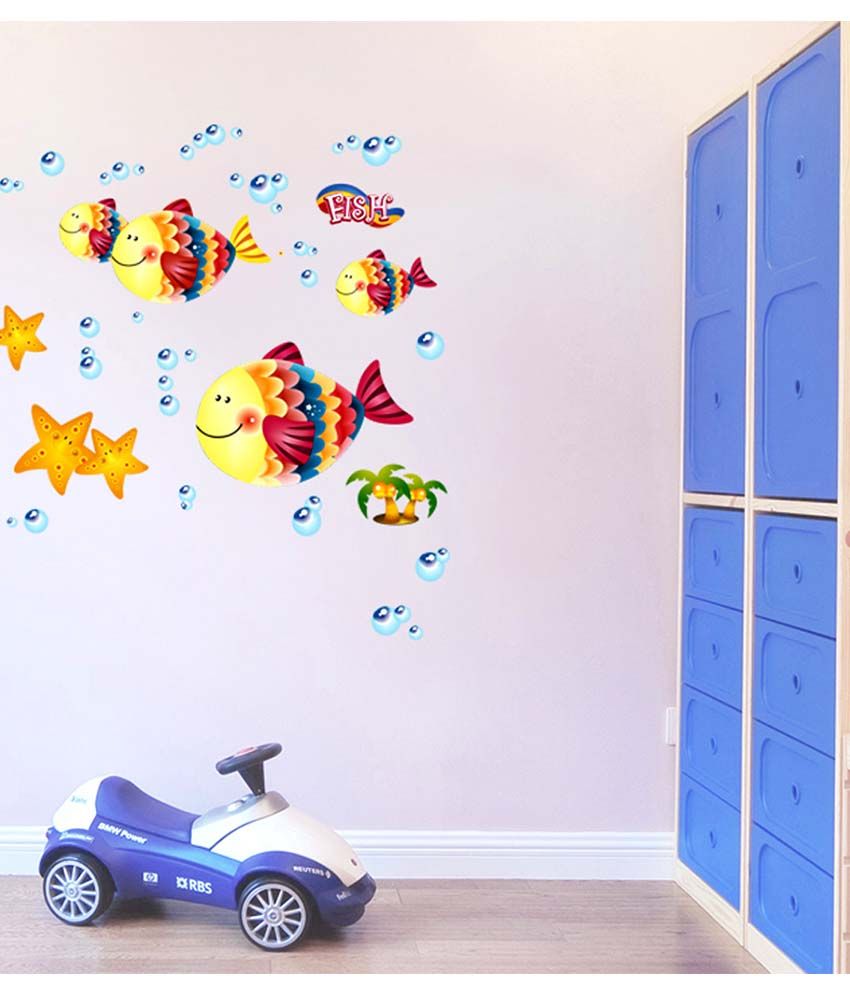 Stickerskart Multicolor Baby Room Crib Background Design Cute Colorful Fishes With Bubbles