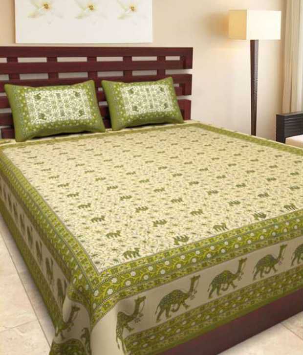     			Uniqchoice Beige & Green Traditional Cotton One Bed Sheet with Two Pillow Covers