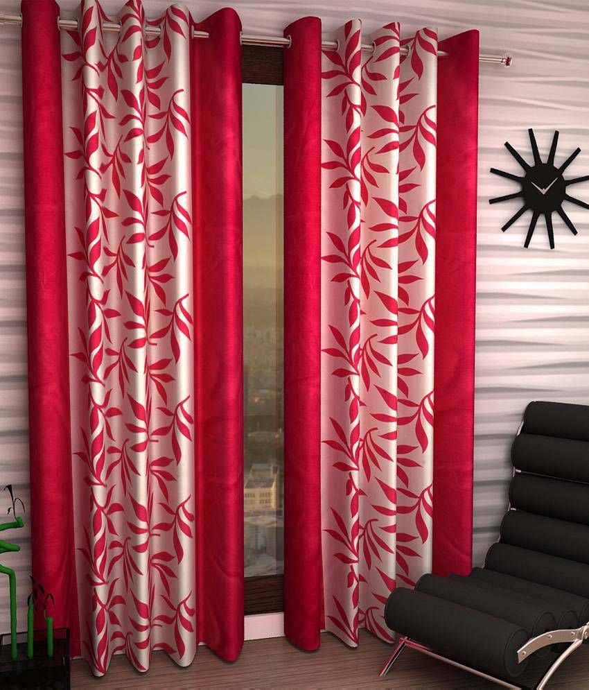     			Panipat Textile Hub Floral Semi-Transparent Eyelet Window Curtain 7 ft Pack of 2 -Red