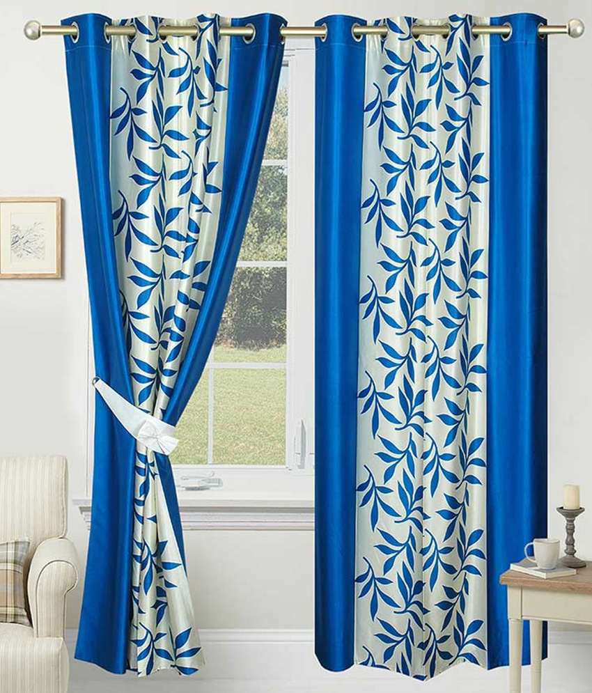     			Panipat Textile Hub Floral Semi-Transparent Eyelet Window Curtain 7 ft Pack of 4 -Blue