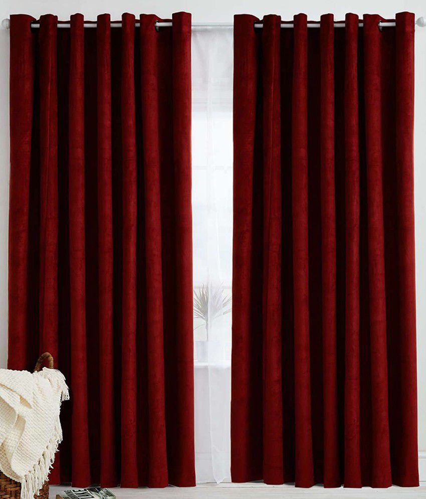     			Panipat Textile Hub Solid Semi-Transparent Eyelet Window Curtain 7 ft Pack of 4 -Red