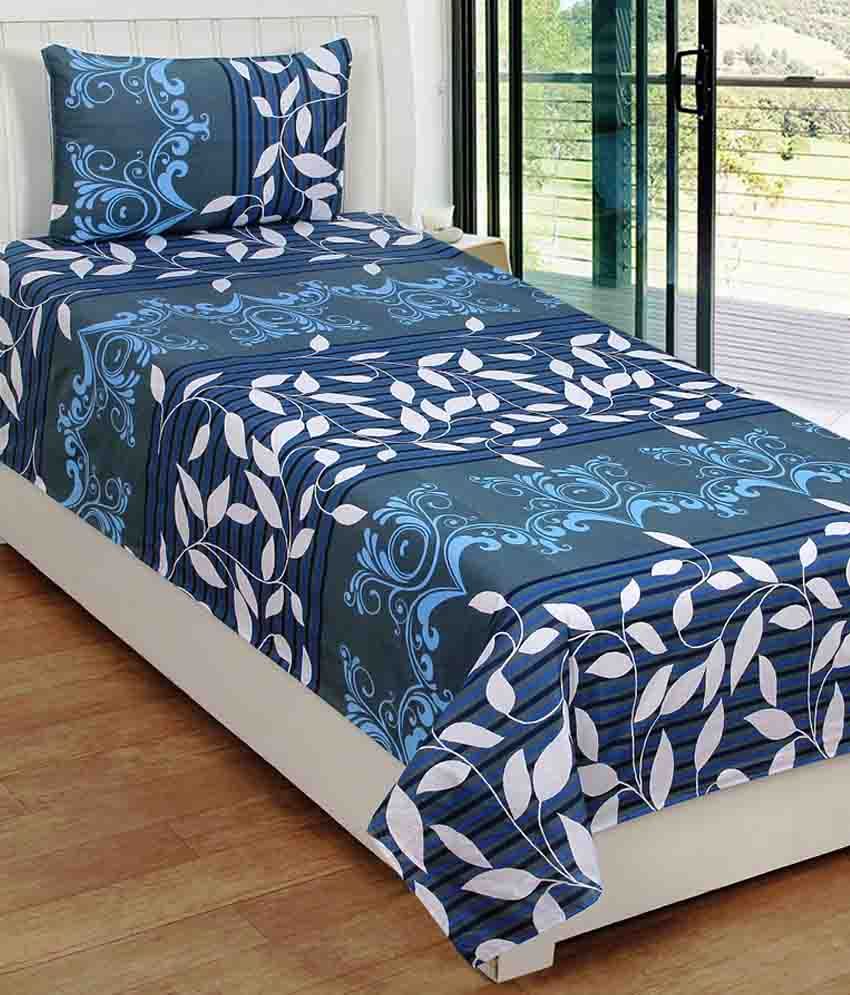 Homezaara Blue Printed Cotton Single Bed Sheet With 1 Pillow Cover   Homezaara Blue Printed Cotton Single SDL108672180 1 5b094.JPG