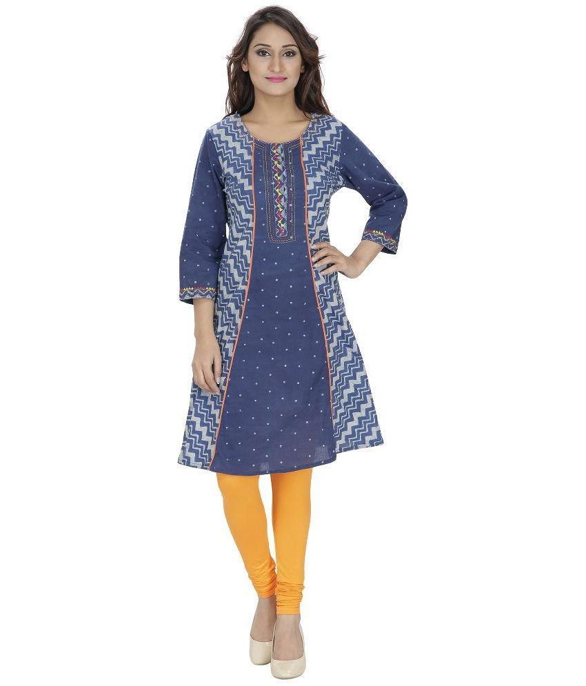 Neelanchal Blue Cotton A-line Kurti - Buy Neelanchal Blue Cotton A-line ...