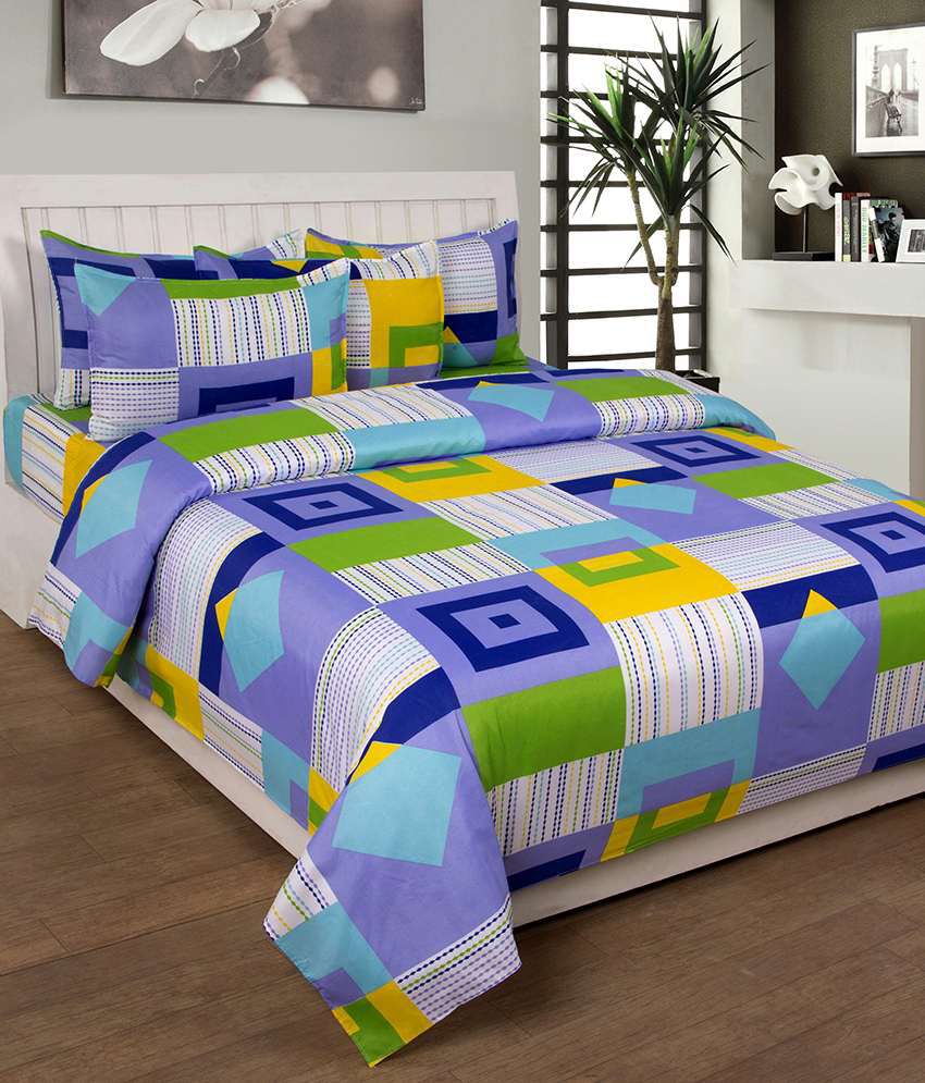     			Furhome Multicolor Printed Double Bed Sheet With 2 Pillow Covers