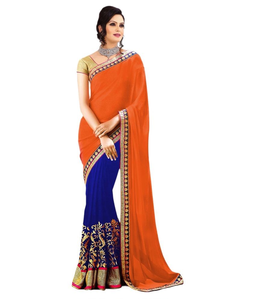     			av designer Orange and Blue Georgette Saree