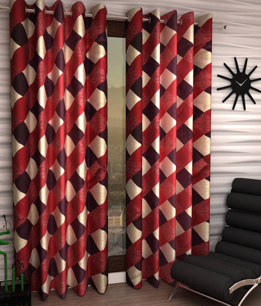     			Panipat Textile Hub Checks Semi-Transparent Eyelet Long Door Curtain 9 ft Pack of 4 -Multi Color