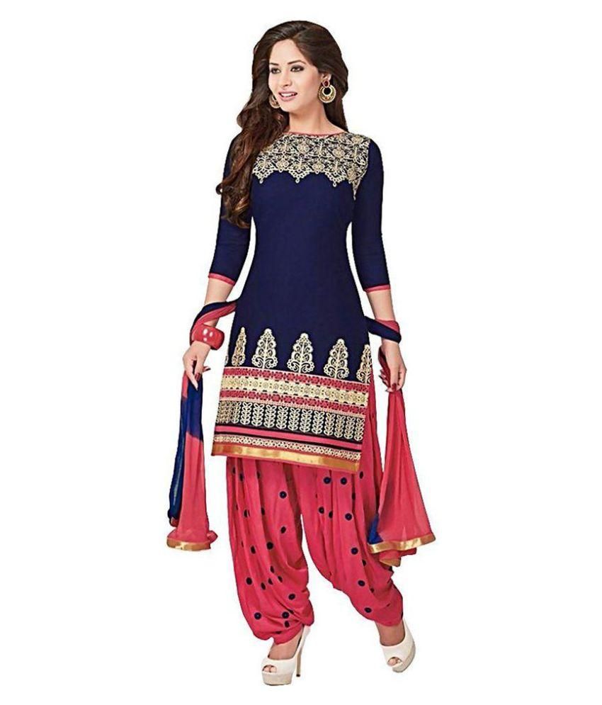 Patiala Hub Red and Blue Cotton Pakistani SemiStitched Suit Buy