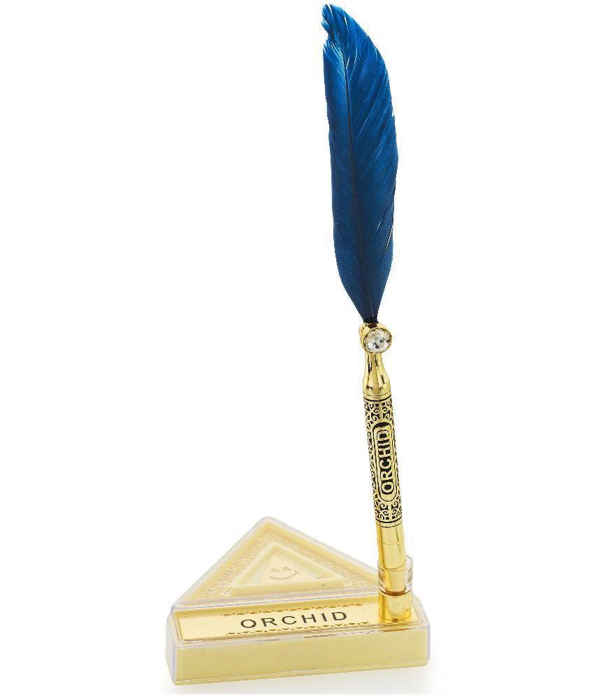     			Orchid Golden Feather Quill Ball Pen with Brass Triangle Stand