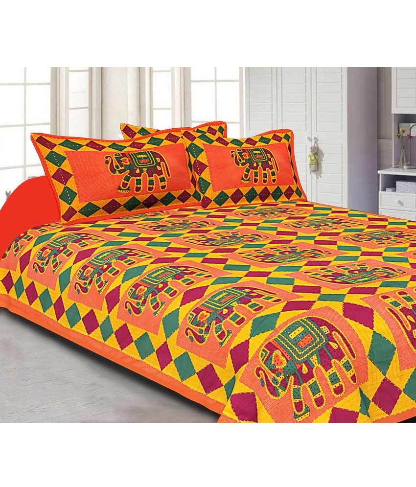 Jaipuri Haat Cotton Bedsheet with Two Pillow Covers Multicolored