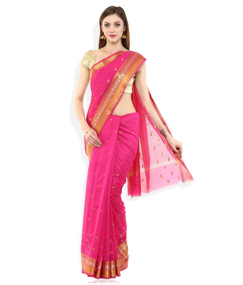 EONN DESIGNERS Pink Jamdani Cotton Silk Handcrafted Saree With Blouse ...