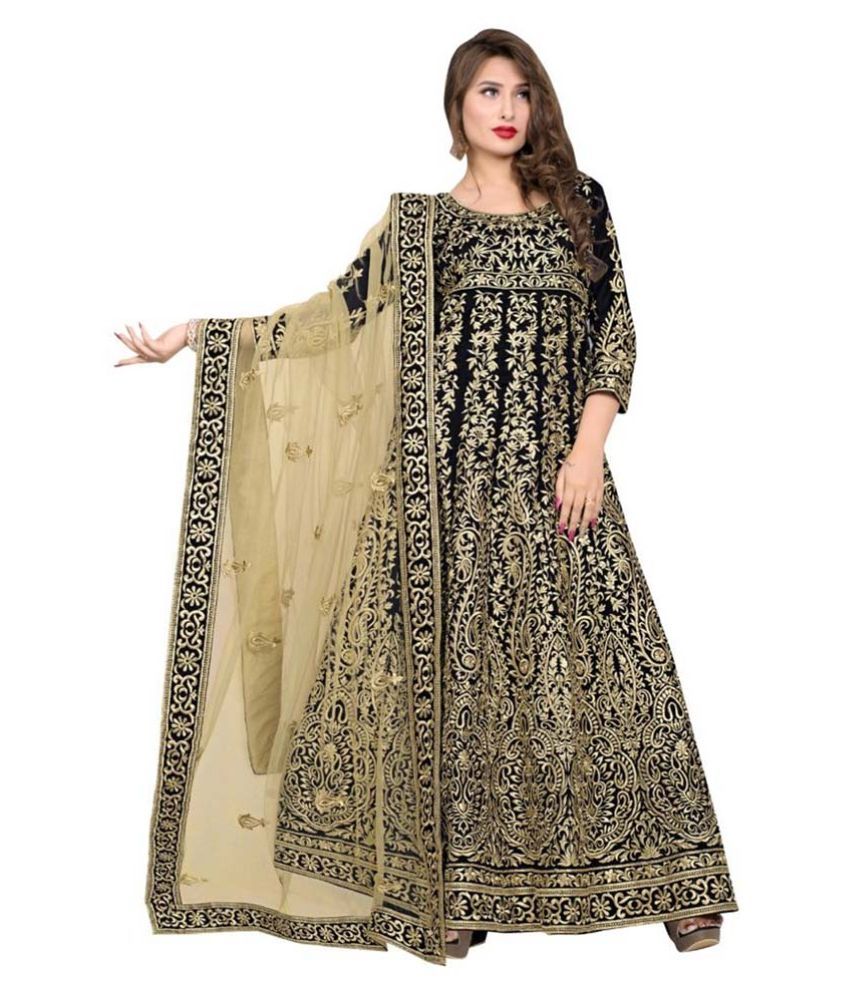 Kryptos Online Black Bangalore Silk Anarkali Semi Stitched Dress