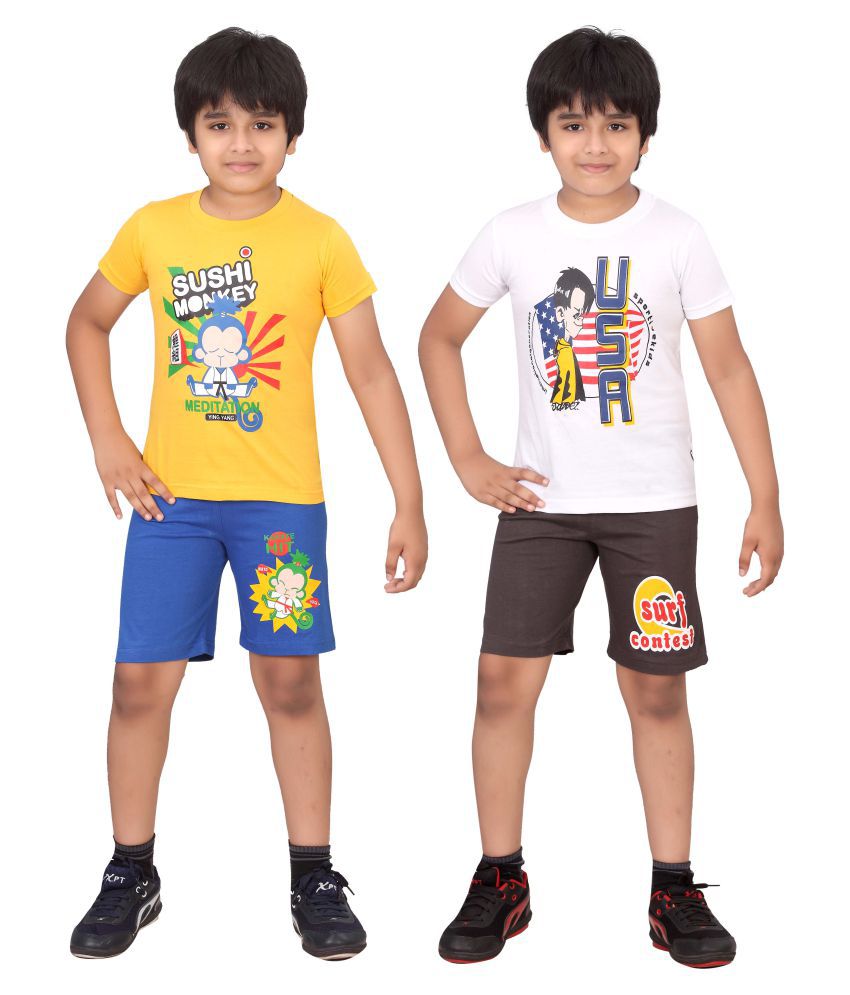     			Dongli Mulicolour Cotton T- Shirt and Short Set (Pack of 2